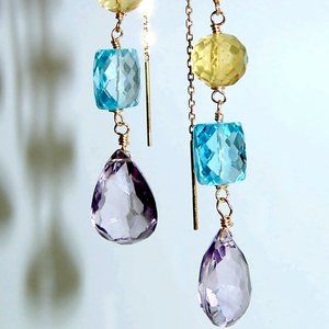 14k Solid Gold Gemstone  Briolette Threader Earrings
